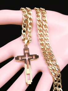 1pc Stainless Steel Hollow Cross Pendant Necklace For Men, Versatile & - Gold - View 5