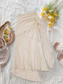 Women's Casual Solid Color Asymmetric Split Skirt With Tie Waist, Lightweight & Stylish, Suitable For Daily Wear, Music Festivals, Rock