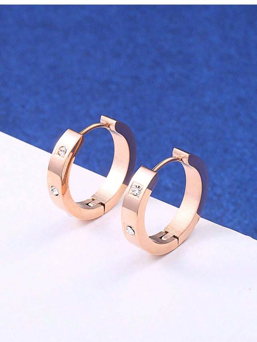 1pair Exquisite Stainless Steel Cubic Zirconia Decor Hoop Earrings For Women For Daily Decoration - Vàng - Xem 1