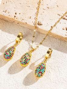 3件套18K镀金不锈钢首饰套装，镶嵌彩色水滴形立方氧化锆项链和耳环，优雅奢华复古韩版时尚，适合日常、通勤、派对、节日庆典等各种场合，女士百搭之选。 - 金黃色 - 查看 5