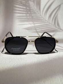 POLASUP 1 件装男士偏光飞行员金属框太阳镜，适合多季节，带图案的镜框，可调节镜腿，弹簧铰链，优雅，休闲，司机驾驶，钓鱼，夏季，黑色，金色，棕色，咖啡色，灰色 - 偏光雙橋方框飛行員 - 查看 3