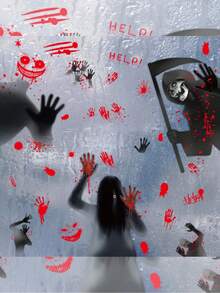 万圣节窗户贴纸，可怕的死神，女鬼，血手印，血迹，骷髅，万圣节派对装饰，营造幽灵般的节日氛围，大尺寸贴纸，图案吓人，吓唬游客 - 彩色 - 查看 5