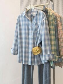YUXIN Retro Blue Plaid Windbreaker Jacket, High-End Chic Loose Casual Design Long Sleeve Shirt For Women, Autumn