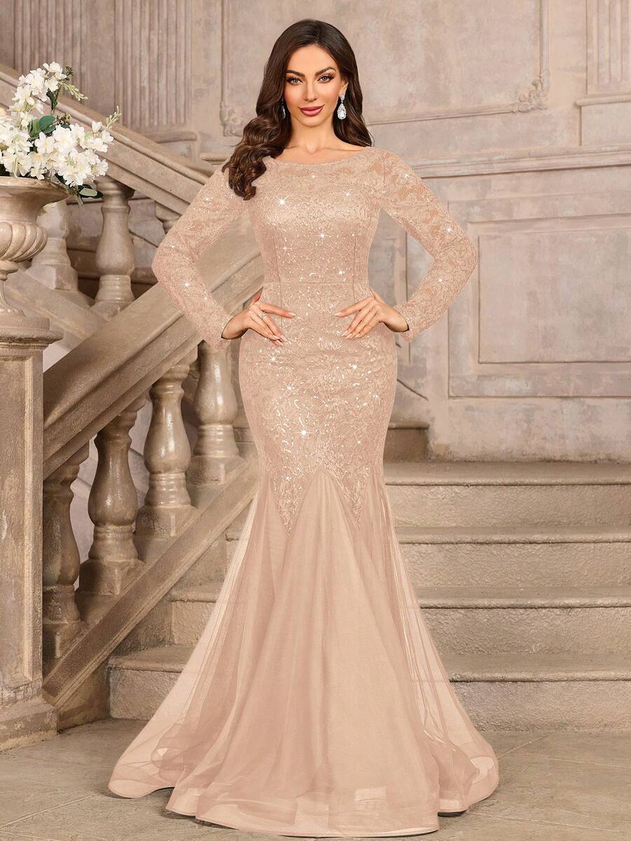 MIUSOL Đầm maxi dài tay phối ren hoa đính sequin thanh lịch, kiểu đuôi cá, thích hợp cho các buổi tiệc trang trọng, dạ hội, đám cưới, lễ tốt nghiệp, dạ tiệc và các dịp khác.
