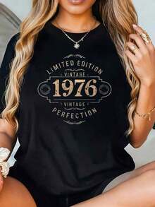 Vintage 1976 Limited Edition Perfection T-Shirt - Casual Graphic Tee For Women - Birthday Gift Idea - Summer Spring Fashion - Black Short Sleeve TopRelaxed Plus Size T-Shirt - 黑色 - 查看 2
