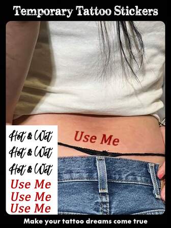 1 Sheets Small Size Body Art Temporary Tattoo Stickers For Men And Women, Black And Red Sexy Text Hot&Wet And Use Me Pattern, Tease Naughty Style, Waterproof Fake Tattoo, Lasts 2-5 Days, Covering Scars, Can Be Used On Arms Wrist Shoulders Legs Waist Neck Hand Chest Thighs Finger, Best Friend Couple Tattoo,Lover,Cosplay