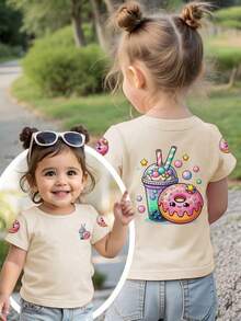 1件女婴休闲印花圆领短袖T恤，夏季女婴服装 - 一件引人注目的T恤，为每个孩子带来欢乐和幸福！ - 杏色 - 查看 6