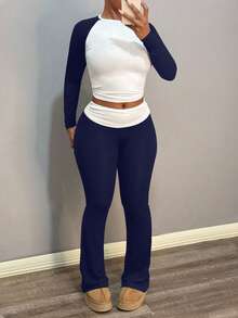 Women's Casual Round Neck Long Sleeve Color Block T-Shirt With Waist Ruched Flare Pants Set, Spring Outfit - Navy Blue - View 3