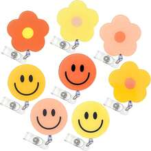 8Pcs Flower And Smile Badge Reel With Clips Back To School Retractable Cord Orange Yellow ID Badge Reel Name Tag Badge Holder For Office Hospital Teachers Students Favor - 黃色 - 查看 1