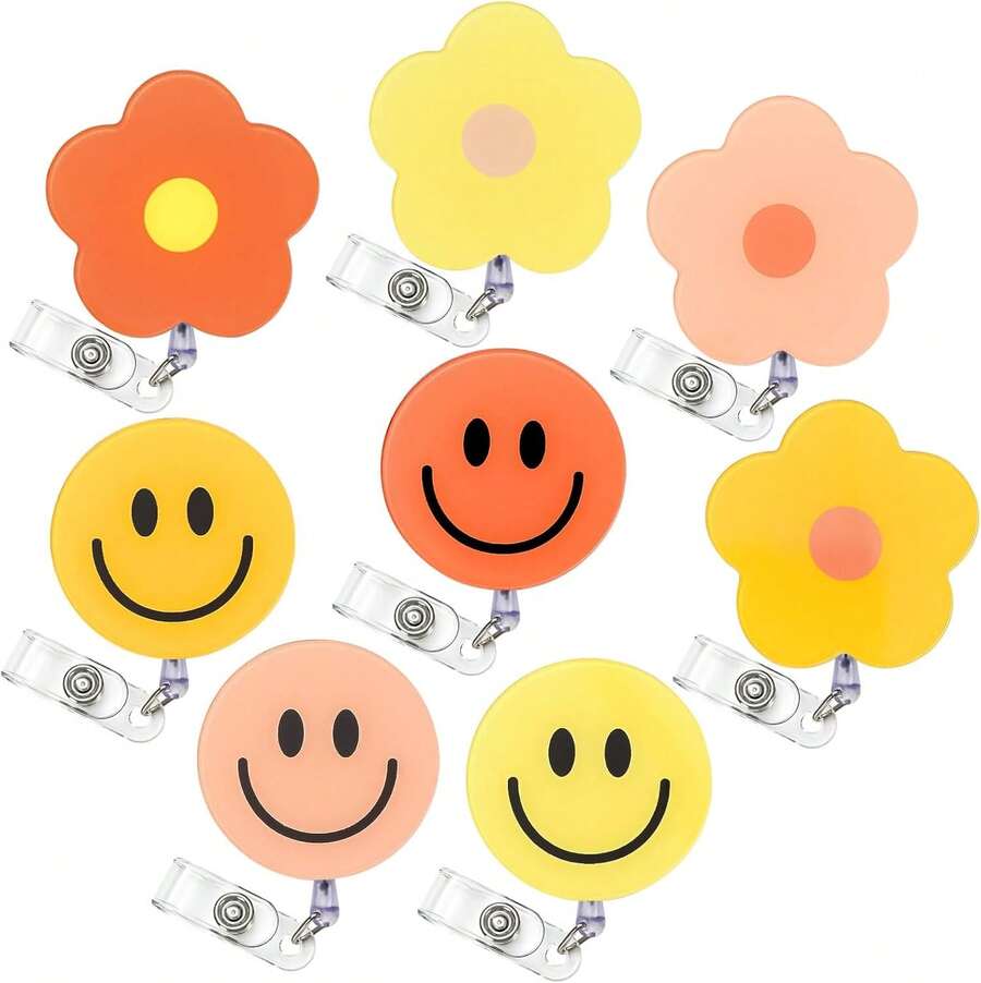 8Pcs Flower And Smile Badge Reel With Clips Back To School Retractable Cord Orange Yellow ID Badge Reel Name Tag Badge Holder For Office Hospital Teachers Students Favor - 黃色 - 查看 1
