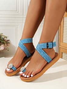 Fashionable Rhinestone Embellished Sandals For Young Girl, Closed-Toe Flat Shoes With Crossed Strap Design, Fine Fiber Upper And Lining, Charming & Stylish - Peacock Blue - View 3