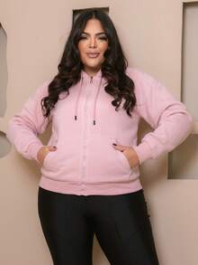 PLUS SIZE WOMEN'S BLOUSE WITH ZIPPER, POCKETS AND FUR - 淺粉色 - 查看 3