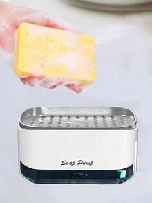 1pc 2-in-1 Kitchen Soap Dispenser With Sponge Rack, Kitchen Dishwashing Liquid Dispenser, Smart Kitchen Gadgets, Sink Countertop Organizer, Kitchen Sink Dishwashing Soap Dispenser, Cleaning Pot Brush, Applicable Kitchenware Cleaning, Bathroom Storage - White - View 1