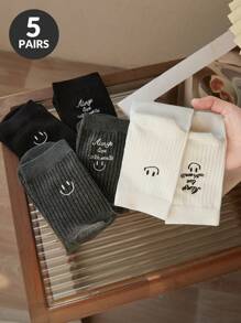 5 Pairs Of Black And White Women's Socks, Fashionable Women's Crew Socks With Letters, Daily Time Casual Sports And Out Wear
