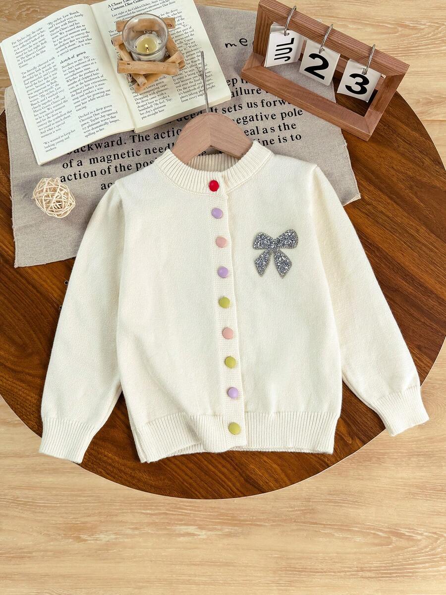 Cardigan de malha de cor sólida estilo universitário, 1 peça, com botões multicoloridos e laço de strass, design europeu e americano, adequado para meninas - Damasco - Ver 1