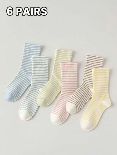 6 paia di calzini a righe multicolore da donna, calzini tubolari con elastico morbido, stile elegante e minimalista, morbidi e traspiranti per uso quotidiano e casual, adatti in tutte le stagioni