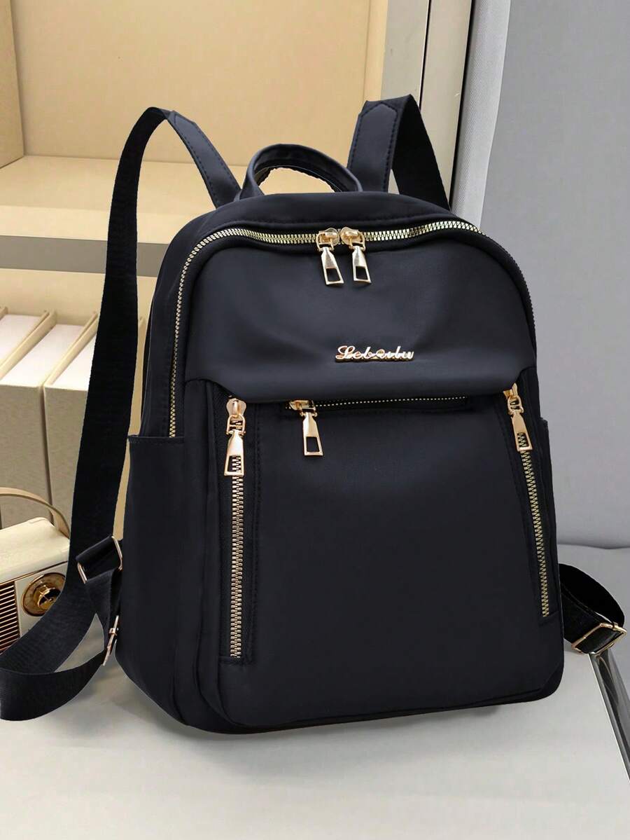 1pc Black Metal Zipper Nylon Backpack, Fashion Versatile Casual Sports Backpack Suitable For Girl, School, Travel, Date - Black - View 1