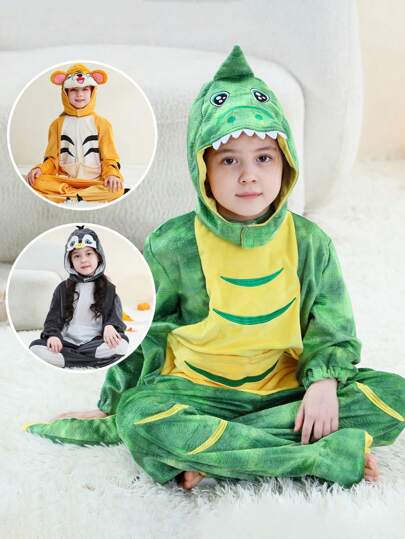 MICHLEY MICHLEY 1Pc Children's Sleeping Bag Long Sleeve With Feet Comfortable And Cute Autumn And Winter Polyester Pajamas Dinosaur/Penguin/Tiger Cartoon Children's Hat Separate Role Playing Bodysuit Suitable For Boys And Girls Halloween,Party,Living Room