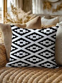 1/2pcs Simple Black & White Geometric Pattern Cushion Cover, Without Insert, Plush Printed Square Pillow Covers, Suitable For Home Decor In Living Room, Bedroom, Sofa, Car, All Seasons