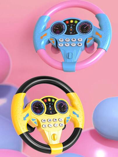 1 pieza Coche de simulación de conducción en el asiento trasero azul y amarillo para niños con volante giratorio multifuncional, música y juguete eléctrico de educación temprana/Adecuado para interacción padres-hijos, entretenimiento interior/exterior y alivio del estrés (Baterías no incluidas)