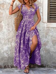 Women'S Vibrant Purple Floral Print V-Neck Maxi Dress - Short Sleeve, A-Line Silhouette, Perfect For Spring/Summer Vacations, Polyester, Casual Style, Casual Summer Wear|Floral Print Dress|Short Sleeve Dress - Purple - View 5