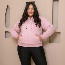 PLUS SIZE WOMEN'S BLOUSE WITH ZIPPER, POCKETS AND FUR - 淺粉色 - 查看 7