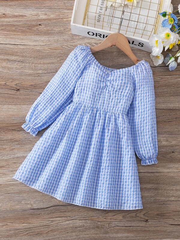 Vestido casual de niña joven con estampado de cuadros, escote en V bajo, tirantes de espagueti, manga larga y bajo A-Line, tela ligera para uso diario, en el hogar y al aire libre en otoño
