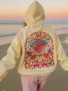 Womens Y2k Embroidered Graphic Hoodies Casual Cozy Stylish Floral Letter Pattern Long Sleeve Oversized Hooded Sweatshirt Loose Fit Pullover Tops For Fall Winter Clothes Outfit Streetwear Preppy Aesthetic  Clothes - 卡其色 - 查看 2