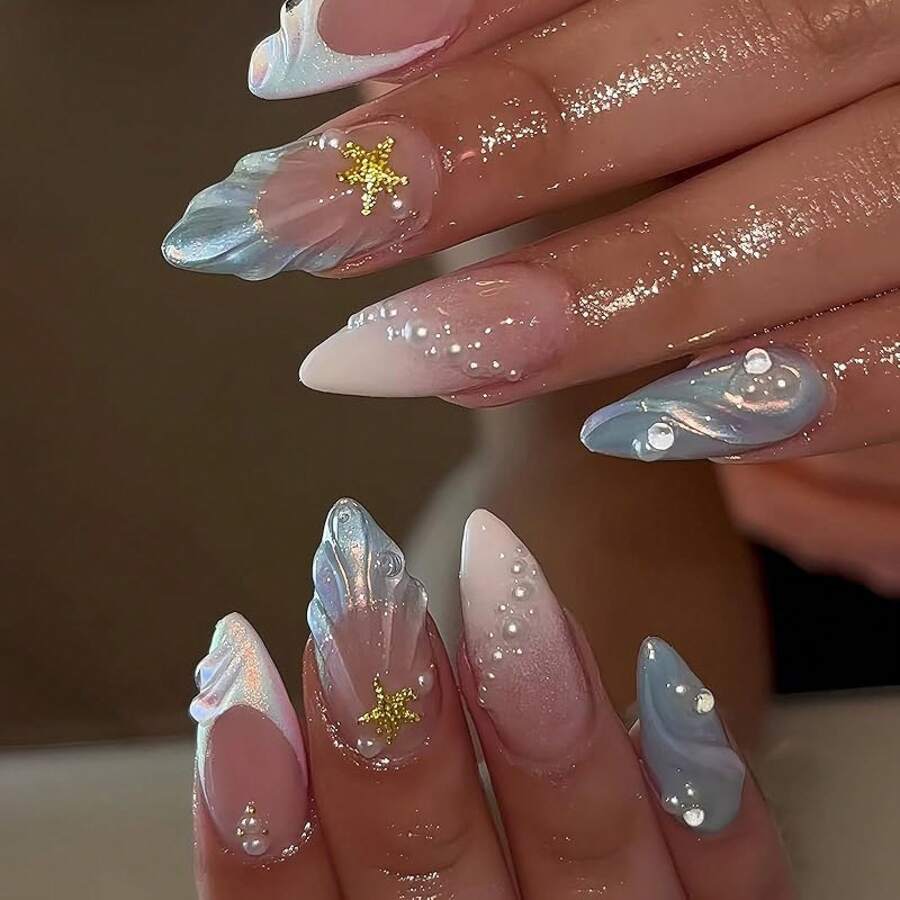 24 piezas de almendras medianas con estampado de flores 3D de verano, encantos de rosa dorado brillante con puntas francesas para mujeres con diseño floral colorido y vacaciones en la playa
