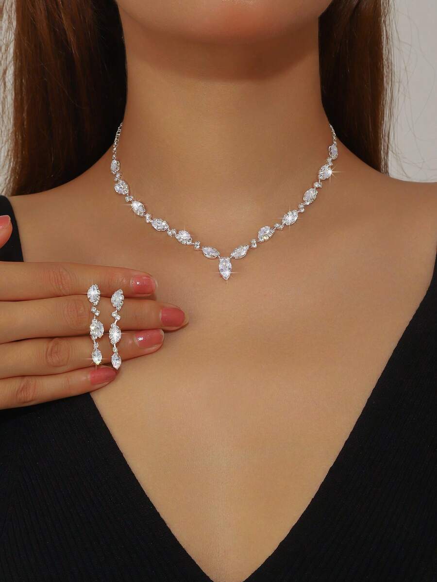 3pcs/Set Sparkling Crystal Zirconia Jewelry Set, Including Necklace And Earrings, Simple And Elegant Design, Perfect Accessory For Weddings, Parties, And Various Occasions. Women's Jewelry Set, Bridal Fashion Jewelry Set, - Silver - View 1