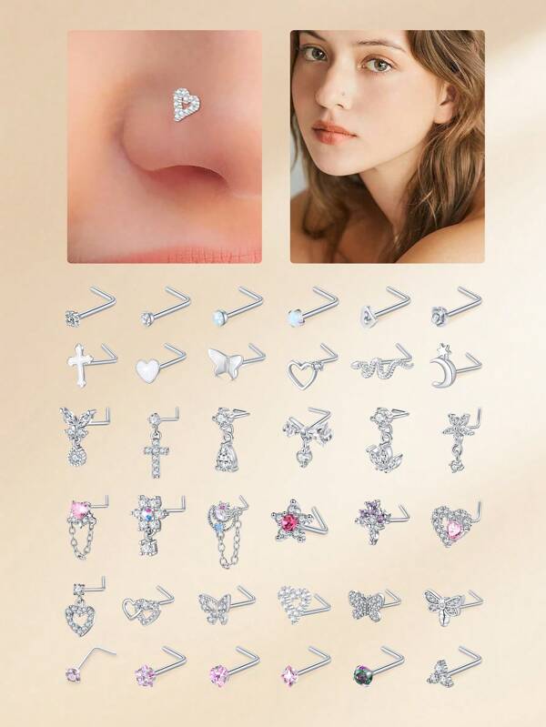 1PC Stainless Steel 20g Nose Rings Studs L-Shape Nose Nostrial Piercing Body Jewelry L Shaped Nose Studs Heart Rose Cross Butterfly Moon Star Snake Drop Sunflower CZ Nose Screw Studs Rings For Women, Pink Nose Studs Hypoallergenic L Shaped Nose Piercing Stud Jewelry For Women, Silver Nose Studs Nose Rings For Women