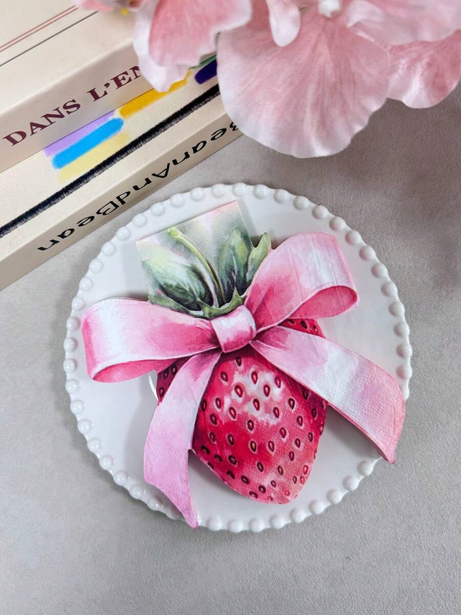 Conjunto de 20 guardanapos estampados em aquarela com estampa de morango e laço, papéis de seda coloridos descartáveis para festas de aniversário, adequados para lojas de sobremesas, cafés, restaurantes, decoração de festas, feitos de celulose virgem