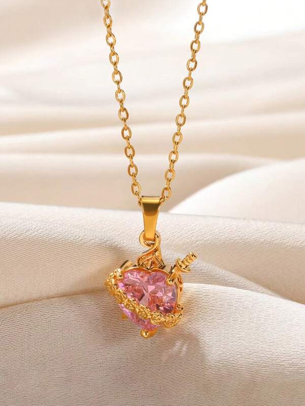 1pc Fashionable Pink Heart Shaped Cubic Zirconia Stainless Steel Necklace, Everyday Wear Jewelry
