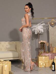 新款性感女式长裙奢华闪亮水晶钻石透视网眼长裙时尚女式小立领无袖紧身长裙婚礼伴娘服派对女式正式晚宴礼服