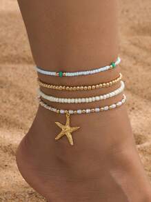 4pcs/Set Bohemian Handmade Beaded Stackable Elastic Bracelets, Colorful Multistrand Pearl Bead Bracelet With Gold Starfish Pendant, Anklet, Summer Beach Boho Jewelry Gift