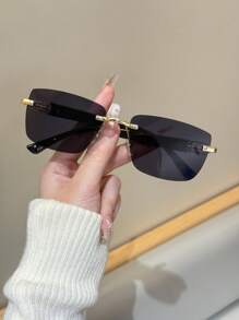 1 pièce lunettes de mode femme élégantes et de luxe à cadre métallique sans monture avec couleur dégradée, de style rétro et personnalité. Accessoires de plage parfaits pour les vacances d'été, les activités en plein air et les voyages.