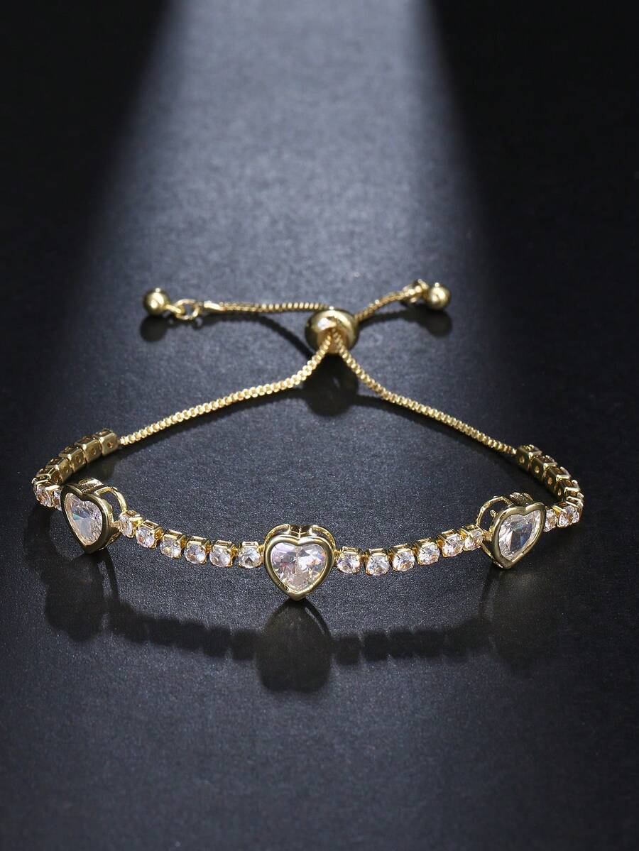 1条心形立方氧化锆网球手链，可调节白色女士手链，适合派对和婚礼佩戴 - 彩色 - 查看 1