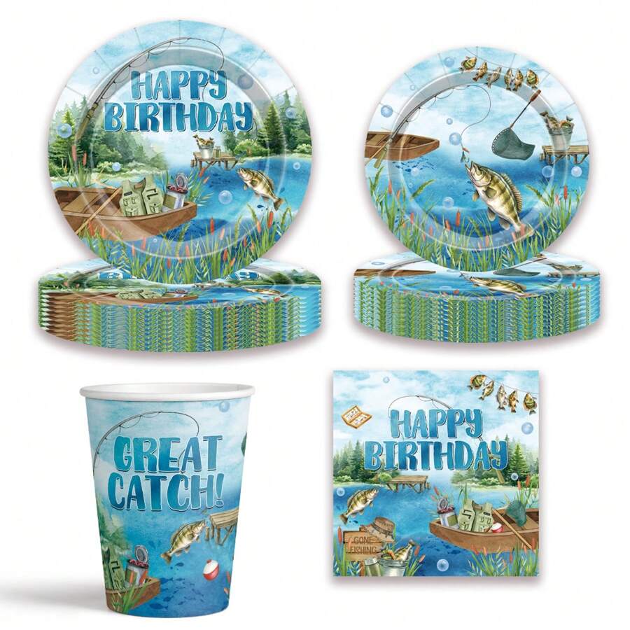 80 Stücke/Set Cartoon Angeln Themen Geschirr Set, 18/23 cm Party Teller, Servietten, Becher, Geburtstags Party Geschenke & Dekorationen, geeignet für Geburtstags Themen Party Zubehör, Dessert Teller, Getränke Becher