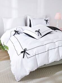 三件套黑色格子蝴蝶结被套组（1个被套+2个枕套，不含被芯），简约美式风格，柔软亲肤的聚酯纤维面料，适合卧室、主卧、客房、宿舍等各种空间，四季皆宜，宿舍装饰，优雅寝具 - 彩色 - 查看 11