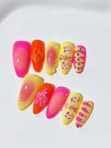 10 Nail Pieces Almond Handmade Super Beautiful High-Grade Feminine Sweet Cool Style Multi-Colored Light Hawaiian Color With Three-Dimensional Flowers With Flower Core Gold Small Steel Ball Embellishment Three-Dimensional Water Drop Decoration Color Bright Patch Nails, Including Tools Suitable For Girls And Women. Party And Everyday Wear