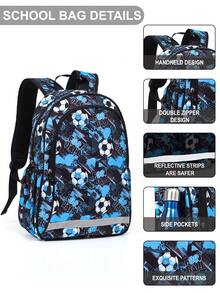 GUSTELL 3pcs Set Kids Backpack With Lunch Box & Pencil Case, Football, Dinosaur, Cartoon Pattern, Suitable For Travel, Camping, Outdoor, With Padded Back And Adjustable Straps, Fashionable Printed (Football Pattern) - Bundles - View 8