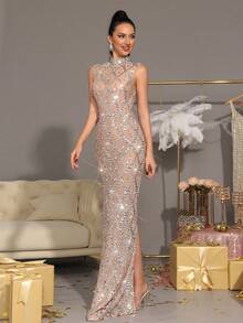 新款性感女式长裙奢华闪亮水晶钻石透视网眼长裙时尚女式小立领无袖紧身长裙婚礼伴娘服派对女式正式晚宴礼服