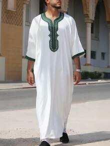 2025阿拉伯男士传统甘杜拉半袖长袍宽松摩洛哥刺绣甘杜拉文化服饰卡夫坦男式长袍祈祷节伊斯兰