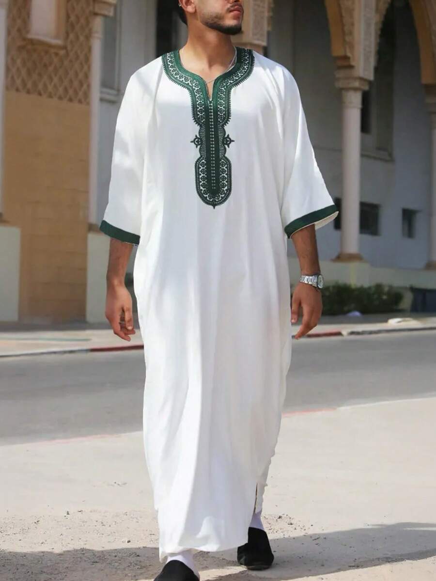 2025阿拉伯男士传统甘杜拉半袖长袍宽松摩洛哥刺绣甘杜拉文化服饰卡夫坦男式长袍祈祷节伊斯兰
