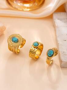 3pcs Vintage Boho Turquoise Ring Set, Fashion Personalized Rings For Women, Antique Bohemian Style Jewelry, Suitable For Daily And Party