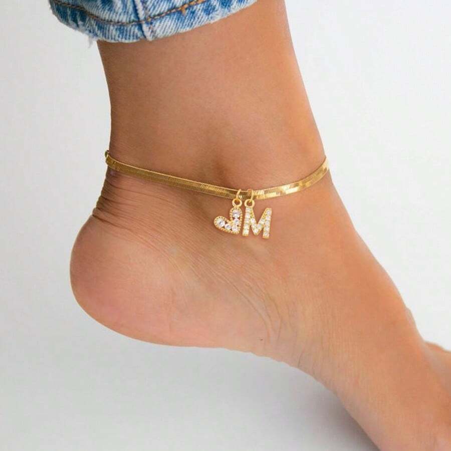 1 chiếc lắc chân thời trang mới đính đá Zirconia hình trái tim bằng thép không gỉ màu vàng hình xương cá cho nữ - Vàng - Xem 1