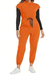 cimmuovere Große Größen Kurzarm Taille-Bindeband Figurbetonter Reißverschluss Stehkragen Kasack Jumpsuit