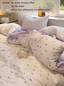 3/4pcs Bedding Set, Colorful Bow Print Duvet Cover, Soft Crinkly Gauze Duvet Cover, Cartoon Fresh Bed Set, Lilac Bedsheet, Suitable For Bedroom At Home, Suitable For All Seasons (Includes 1 Duvet Cover, 1 Bedsheet, 1/2 Pillowcases, Without Filler)