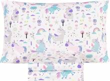 Cute Unicorn Flower Rainbow 100% Cotton Cozy Twin Bed Sheet Set, Flat Sheet & Fitted Sheet & Pillowcase Natural Bedding Set (Unicorn, Twin) - 黑色 - 查看 1