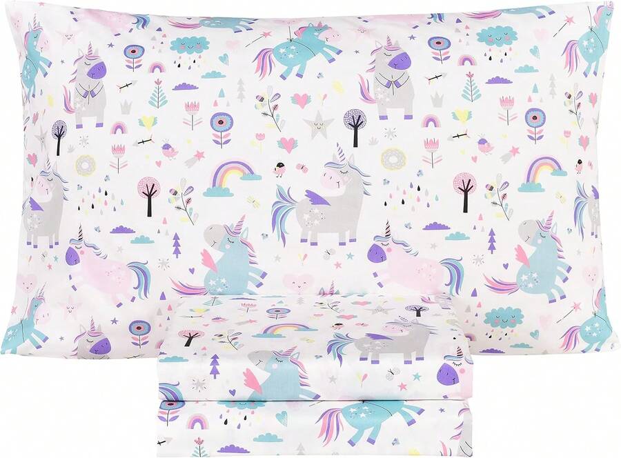 Cute Unicorn Flower Rainbow 100% Cotton Cozy Twin Bed Sheet Set, Flat Sheet & Fitted Sheet & Pillowcase Natural Bedding Set (Unicorn, Twin) - 黑色 - 查看 1
